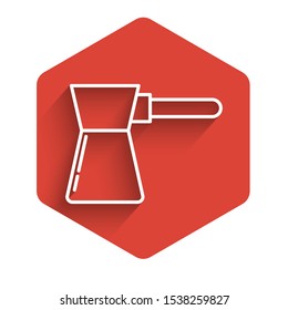 White line Coffee turk icon isolated with long shadow. Red hexagon button. Vector Illustration