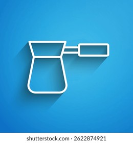 White line Coffee turk icon isolated on blue background. Long shadow. Vector