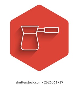 White line Coffee turk icon isolated with long shadow. Red hexagon button. Vector