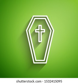 White line Coffin with christian cross icon isolated on green background. Happy Halloween party.  Vector Illustration