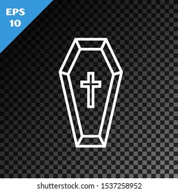 White line Coffin with christian cross icon isolated on transparent dark background. Happy Halloween party.  Vector Illustration