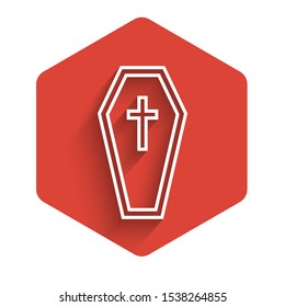 White line Coffin with christian cross icon isolated with long shadow. Happy Halloween party. Red hexagon button. Vector Illustration