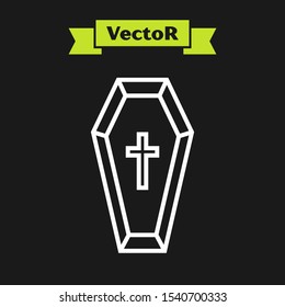 White line Coffin with christian cross icon isolated on black background. Happy Halloween party.  Vector Illustration