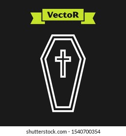 White line Coffin with christian cross icon isolated on black background. Happy Halloween party.  Vector Illustration