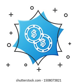White line Coin money with dollar symbol icon isolated on white background. Banking currency sign. Cash symbol. Blue hexagon button. Vector Illustration