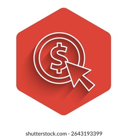 White line Coin money with dollar symbol icon isolated with long shadow. Banking currency sign. Cash symbol. Red hexagon button. Vector