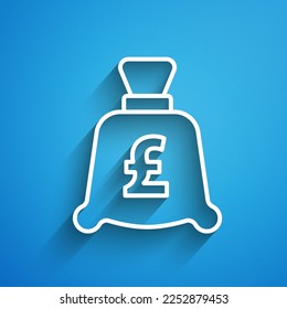 White line Coin money with pound sterling symbol icon isolated on blue background. Banking currency sign. Cash symbol. Long shadow. Vector