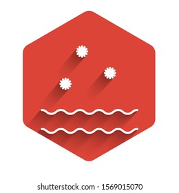 White line Cold and waves icon isolated with long shadow background. Red hexagon button. Vector Illustration