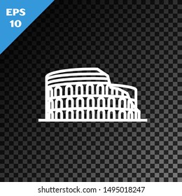 White line Coliseum in Rome, Italy icon isolated on transparent dark background. Colosseum sign. Symbol of Ancient Rome, gladiator fights.  Vector Illustration