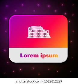 White line Coliseum in Rome, Italy icon isolated on black background. Colosseum sign. Symbol of Ancient Rome, gladiator fights. Rectangle color button. Vector Illustration