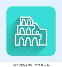 White line Coliseum in Rome, Italy icon isolated with long shadow. Colosseum sign. Symbol of Ancient Rome, gladiator fights. Green square button. Vector