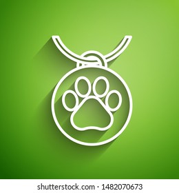 White line Collar with name tag icon isolated on green background. Supplies for domestic animal. Dog or cat paw print. Cat and dog care. Pet chains.  Vector Illustration