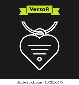 White line Collar with name tag and heart icon isolated on black background. Simple supplies for domestic animal. Cat and dog care. Pet chains.  Vector Illustration