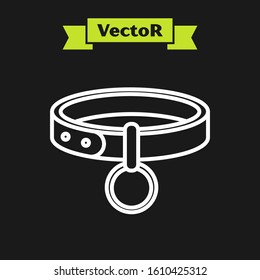 White line Collar with name tag icon isolated on black background. Simple supplies for domestic animal. Cat and dog care. Pet chains.  Vector Illustration