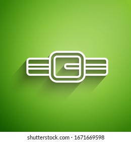 White line Collar with name tag icon isolated on green background. Simple supplies for domestic animal. Cat and dog care. Pet chains.  Vector Illustration