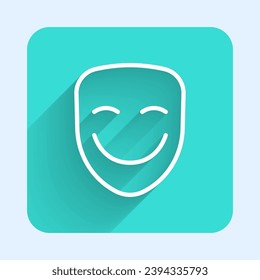 White line Comedy theatrical mask icon isolated with long shadow background. Green square button. Vector
