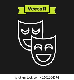 White line Comedy theatrical masks icon isolated on black background.  Vector Illustration