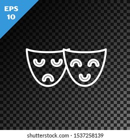 White line Comedy and tragedy theatrical masks icon isolated on transparent dark background.  Vector Illustration