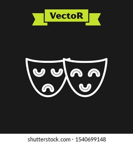 White line Comedy and tragedy theatrical masks icon isolated on black background.  Vector Illustration