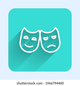 White line Comedy and tragedy theatrical masks icon isolated with long shadow. Green square button. Vector Illustration
