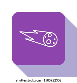 White line Comet falling down fast icon isolated on white background. Purple square button. Vector Illustration