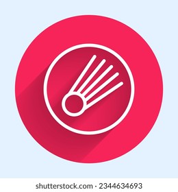 White line Comet falling down fast icon isolated with long shadow background. Red circle button. Vector