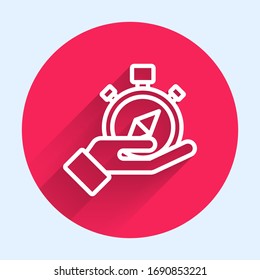 White line Compass icon isolated with long shadow. Windrose navigation symbol. Wind rose sign. Red circle button. Vector Illustration