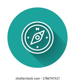 White line Compass icon isolated with long shadow. Windrose navigation symbol. Wind rose sign. Green circle button. Vector