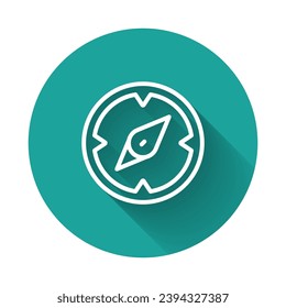 White line Compass icon isolated with long shadow background. Windrose navigation symbol. Wind rose sign. Green circle button. Vector