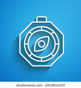 White line Compass icon isolated on blue background. Windrose navigation symbol. Wind rose sign. Long shadow. Vector