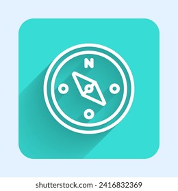 White line Compass icon isolated with long shadow. Windrose navigation symbol. Wind rose sign. Green square button. Vector