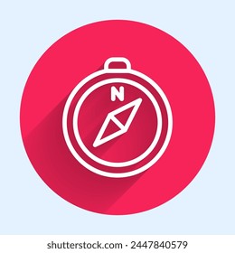 Línea blanca Icono de brújula aislado con sombra larga. Símbolo de navegación de Windows. Signo de rosa de viento. Botón de círculo rojo. Vector