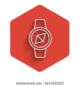White line Compass icon isolated with long shadow. Windrose navigation symbol. Wind rose sign. Red hexagon button. Vector