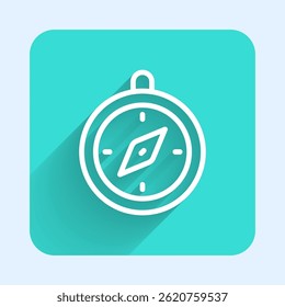 White line Compass icon isolated with long shadow background. Windrose navigation symbol. Wind rose sign. Green square button. Vector