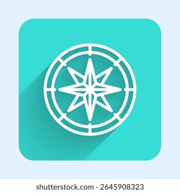 White line Compass icon isolated with long shadow. Windrose navigation symbol. Wind rose sign. Green square button. Vector