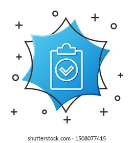 White line Completed task icon isolated on white background. Compliance inspection approved. Checklist sign. Certified document symbol. Blue hexagon button. Vector Illustration