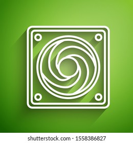 White line Computer cooler icon isolated on green background. PC hardware fan.  Vector Illustration