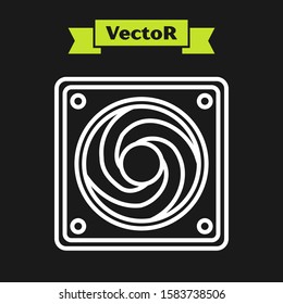 White line Computer cooler icon isolated on black background. PC hardware fan.  Vector Illustration