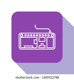 White line Computer keyboard icon isolated on white background. PC component sign. Purple square button. Vector Illustration