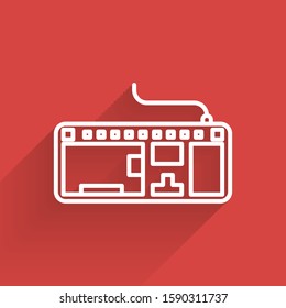 White line Computer keyboard icon isolated with long shadow. PC component sign.  Vector Illustration