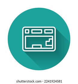 White line Computer keyboard icon isolated with long shadow background. PC component sign. Green circle button. Vector