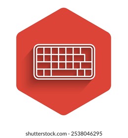 White line Computer keyboard icon isolated with long shadow background. PC component sign. Red hexagon button. Vector