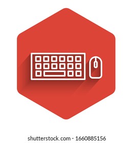 White line Computer keyboard and mouse icon isolated with long shadow. PC component sign. Red hexagon button. Vector Illustration