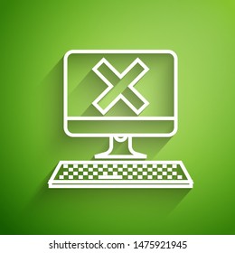 White line Computer with keyboard and x mark icon isolated on green background. Error window, exit button, cancel, 404 error page not found concept.  Vector Illustration