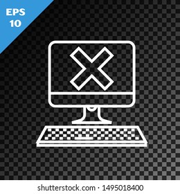 White line Computer with keyboard and x mark icon isolated on transparent dark background. Error window, exit button, cancel, 404 error page not found concept.  Vector Illustration