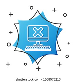 White line Computer with keyboard and x mark icon isolated on white background. Error window, exit button, cancel, 404 error page not found concept. Blue hexagon button. Vector Illustration