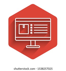 White line Computer monitor with app delivery tracking icon isolated with long shadow. Parcel tracking. Red hexagon button. Vector Illustration