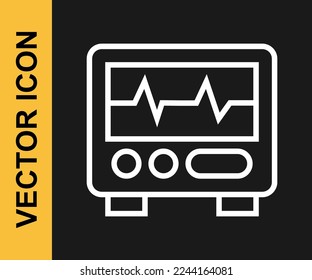 White line Computer monitor with cardiogram icon isolated on black background. Monitoring icon. ECG monitor with heart beat hand drawn.  Vector