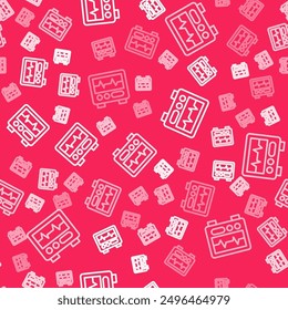 White line Computer monitor with cardiogram icon isolated seamless pattern on red background. Monitoring icon. ECG monitor with heart beat hand drawn.  Vector