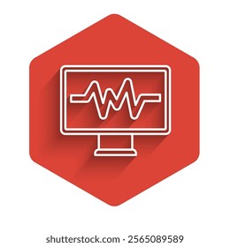 White line Computer monitor with cardiogram icon isolated with long shadow background. Monitoring icon. ECG monitor with heart beat hand drawn. Red hexagon button. Vector